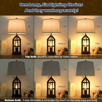 BesLowe 2-Light Farmhouse Rustic Touch Table Lamps Grey, 3-Way Dimmable Bedside - Image 3