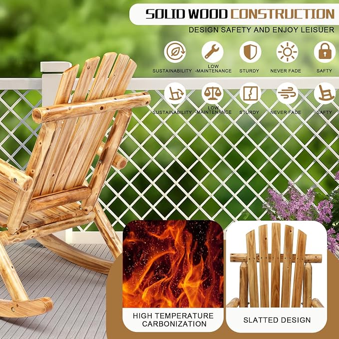 Outvita Wooden Rocking Chair Set of 2, Fir Log Adirondack Rocker, Outdoor Wood - Image 6