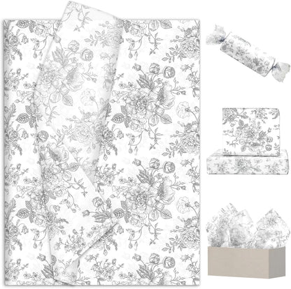 JarThenaAMCS 100 Sheets Floral Tissue Paper Silver Flower Gift Wrapping Paper Vintage Decorative Art Paper for Home Party DIY Crafts Supplies, 14 x 20 Inch