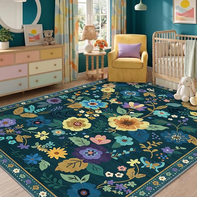 RELEANY Floral Washable 6x9 Area Rugs Teal/Purple | Flower Carpet Print Boho - Image 9