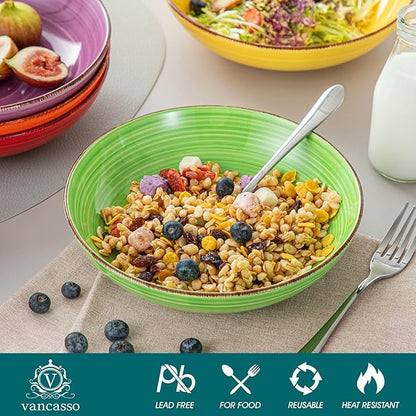 vancasso Bonita Pasta Bowls Set of 6, 38 oz Shallow Bowls, Ceramic Pasta Plates and Salad Bowls, Microwave & Dishwasher Safe Serving Bowls, Assorted Colors