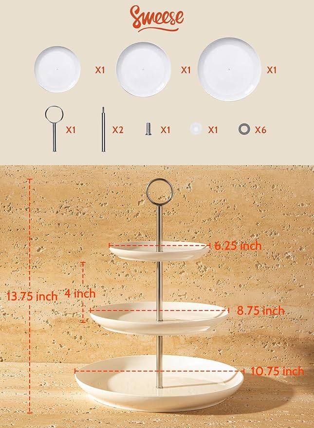 Sweese 3 Tier Cupcake Stand- White Porcelain Cake Stand- Dessert Stand, Tiered Serving Trays for Parties