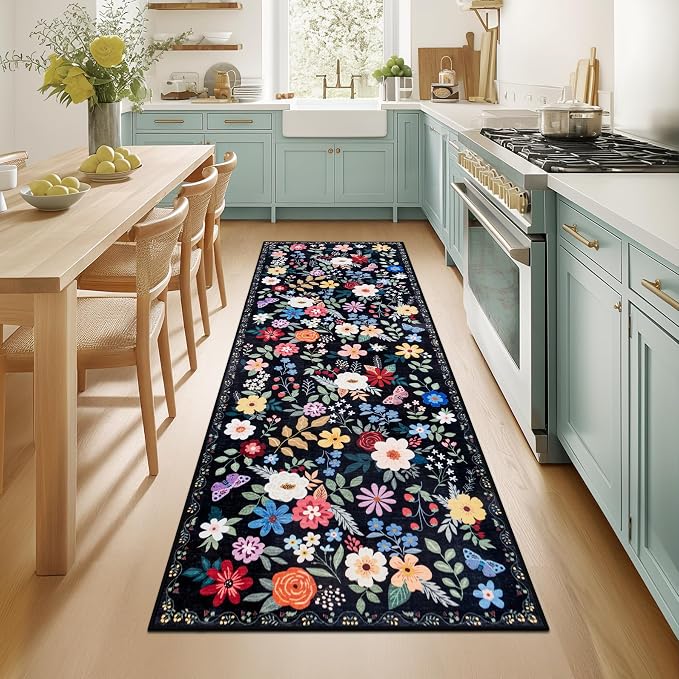 PLHXFR 2x6 Washable Runner Rug：Floral Indoor Kitchen Soft Carpet Black | by PLHXFRSoftAreaRugs