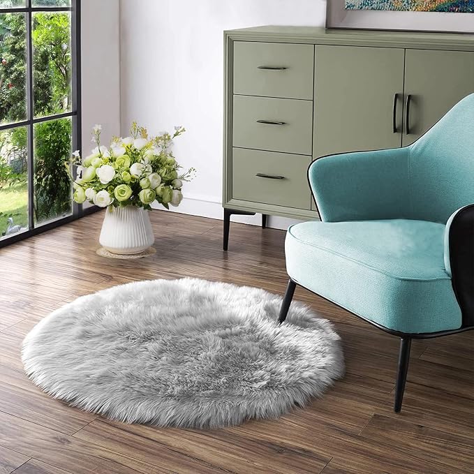 Latepis Round 3ft Small Fur Rug Grey Fluffy Faux Sheepskin Cute Circle Rugs - Image 2