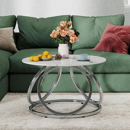 O&K FURNITURE Silver Coffee Table, Round Coffee Table Faux Marble Veins - Image 8