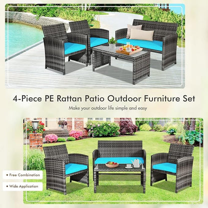 Goplus 4-Piece Rattan Patio Furniture Set, Outdoor Wicker Conversation Sofa - Image 5