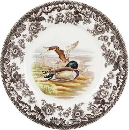 Spode Woodland Mallard Luncheon Plate - 9" Fine Earthenware with British Flowers Border, Rustic Duck Motif - Dishwasher, Microwave, Freezer & Oven Safe - Seasonal Wildlife Tableware - Made in England