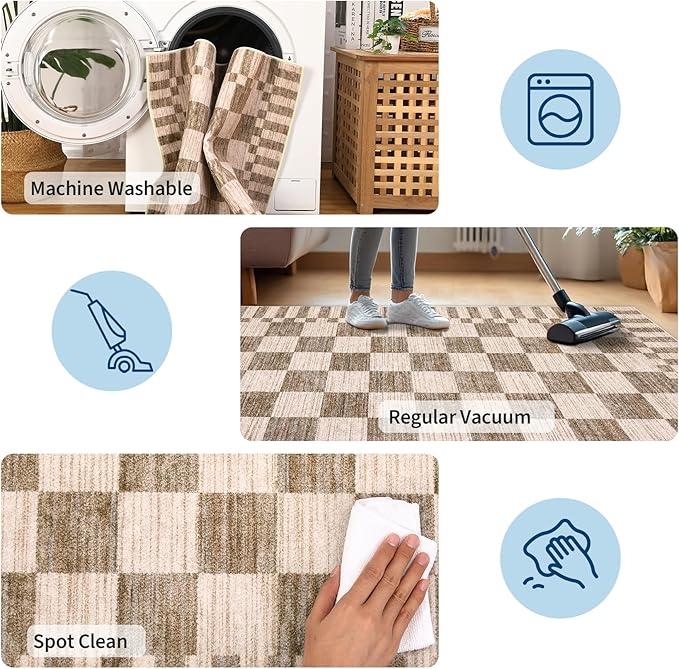 GarveeHome 8x10 Area Rugs Geometric Washable Modern Brown Checkered Rug | - Image 8