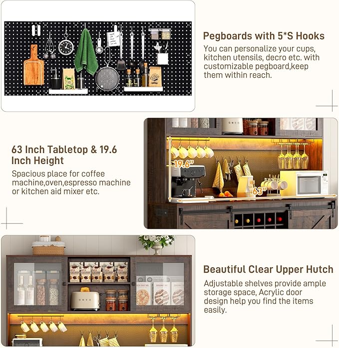 74" Tall 63" Wide Large Coffee Bar Cabinet w/Outlet,6000-color LED Light,Pegboard,Farmhouse Hutch Cabinet w/Barn Door,2 Big Drawers,Adjustable Shelves,10 Wine & Glasses Rack,5 Hook for Kitchen,Brown