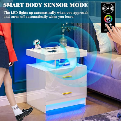 WOOVIVS Night Stand with Light, High Gloss Nightstand with USB/Wireless - Image 6