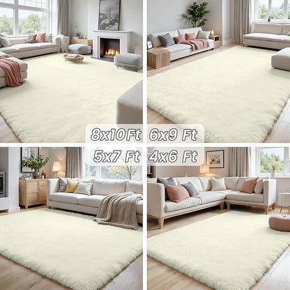 4x6 Fluffy Shag Area Rugs for Living Room Bedroom: Soft Carpet Cream White | - Image 7