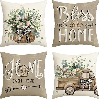 AVOIN colorlife Bless Our Home Farmhouse Eucalyptus Leaves Throw Pillow Covers by AVOINcolorlife