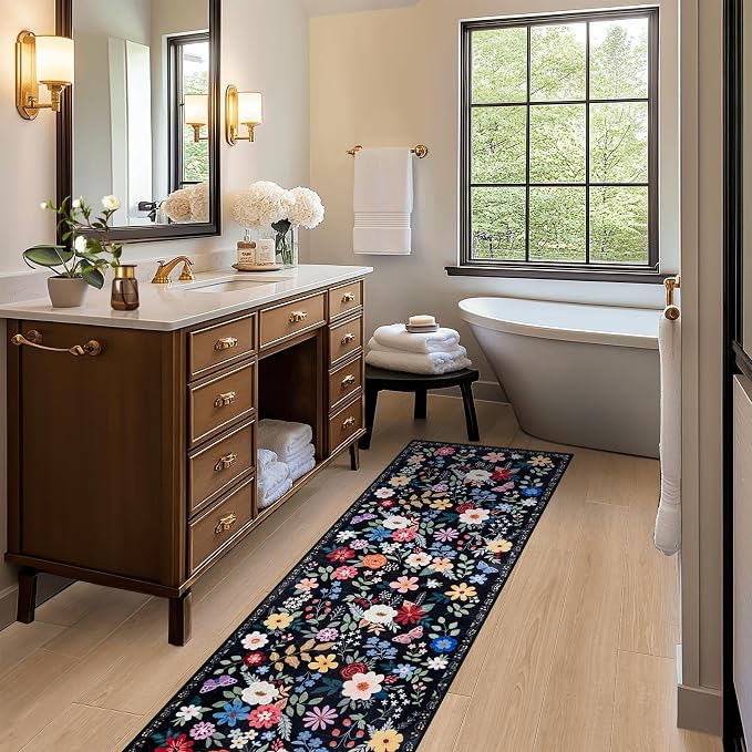 PLHXFR 2x6 Washable Runner Rug：Floral Indoor Kitchen Soft Carpet Black | - Image 5
