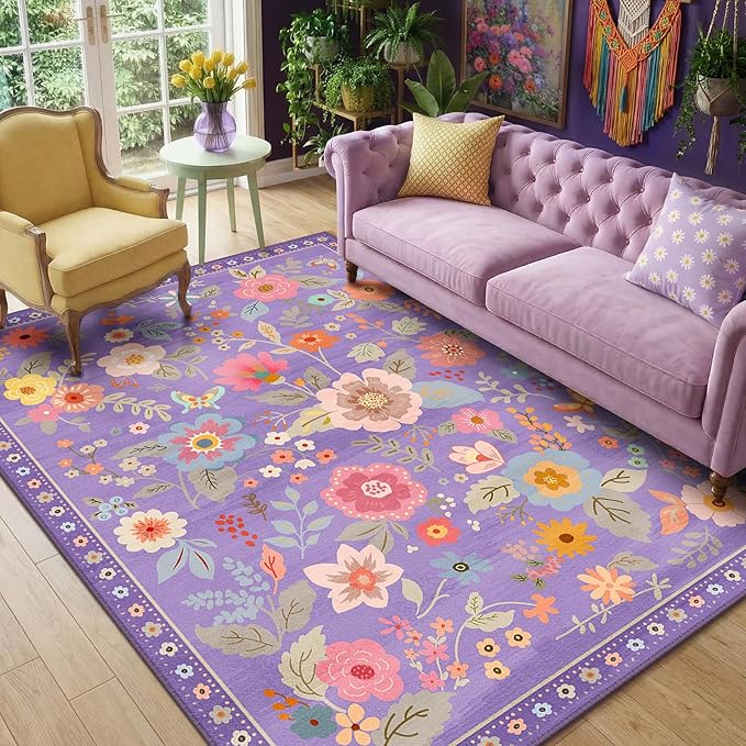 RELEANY Floral Washable 3x5 Area Rugs Purple/Pink | Flower Carpet Print Boho - Image 8