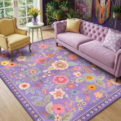 RELEANY Floral Washable 5x8 Area Rugs Purple/Pink | Flower Carpet Print Boho by RELEANY