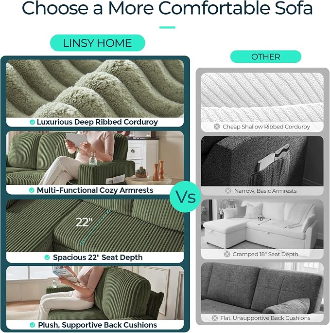 LINSY HOME Sectional Sofa with Pull Out Bed, 6 Seats Corduroy Reversible - Image 3