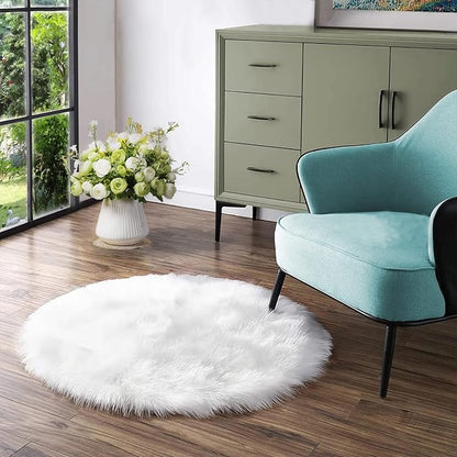 Latepis White Round Rug 3ft Faux Sheepskin Fur Fluffy Circle Rugs by Latepis