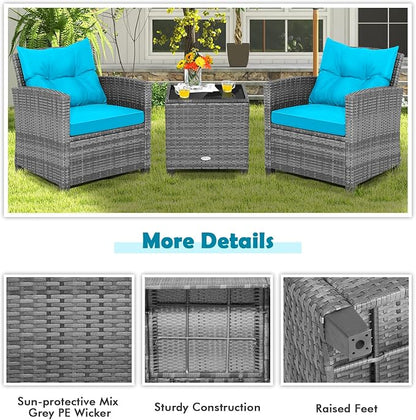HAPPYGRILL 3 Pieces Patio Conversation Set, Outdoor Furniture Set PE Rattan - Image 6