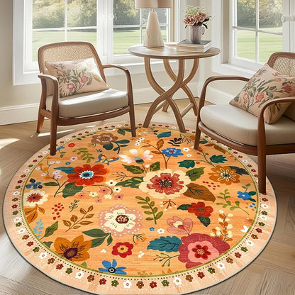 RELEANY Floral Washable Round 6ft Area Rug Yellow/Orange/Red | Flower Carpet by RELEANY