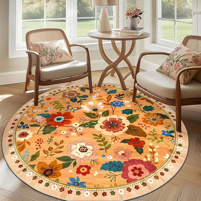 RELEANY Floral Washable Round 8ft Area Rug Yellow/Orange/Red | Flower Carpet - Image 6