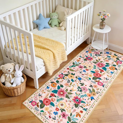 Floral Washable 2x5 Area Rugs Runner Entryway Hallway Pink | Flower Carpet - Image 2