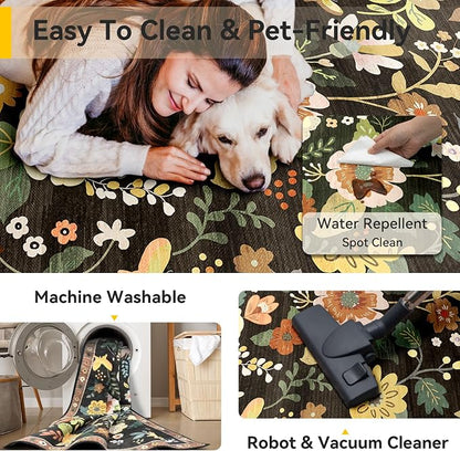 RELEANY Floral Washable 2x3 Area Rugs Doormat Black/Yellow | Flower Carpet - Image 6