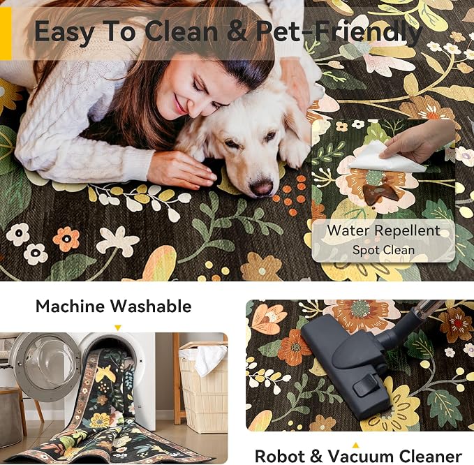 RELEANY Floral Washable 6x9 Area Rugs Black/Yellow | Flower Carpet Print Boho - Image 5