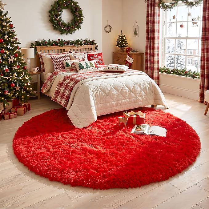 Amdrebio Red Furry Round Circle Area Rug 4Ft - Image 6