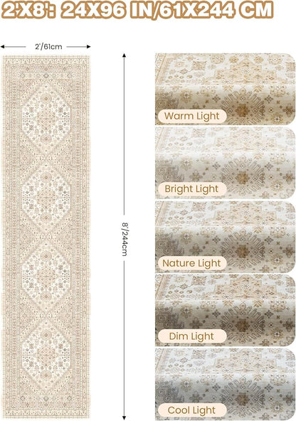 Runner Rug 2x8 Runners for Hallways Washable Rugs, Cream/Beige | Vintage - Image 2