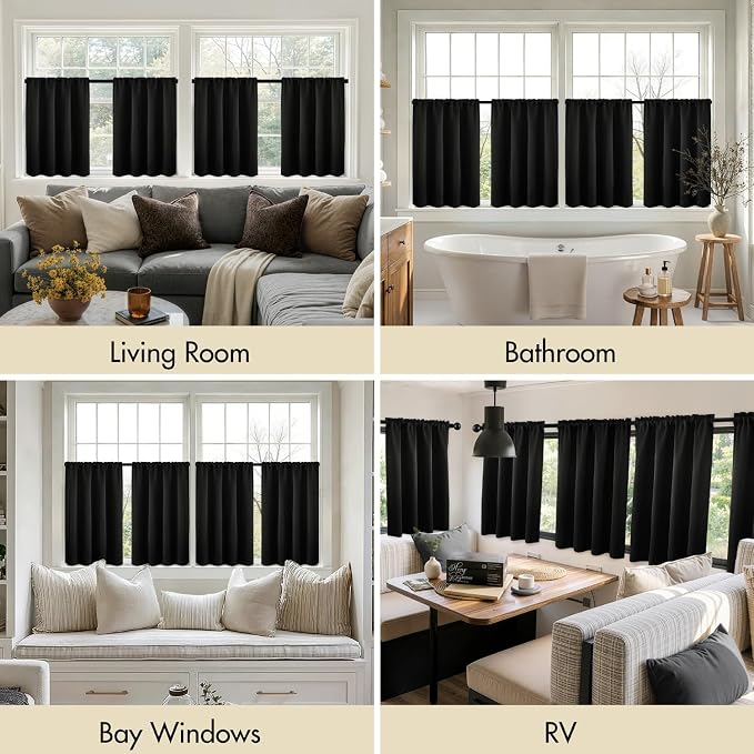 MIULEE 4 Panel Set Short Bedroom Blackout Curtains 54 Inch Long Black | Thermal - Image 6