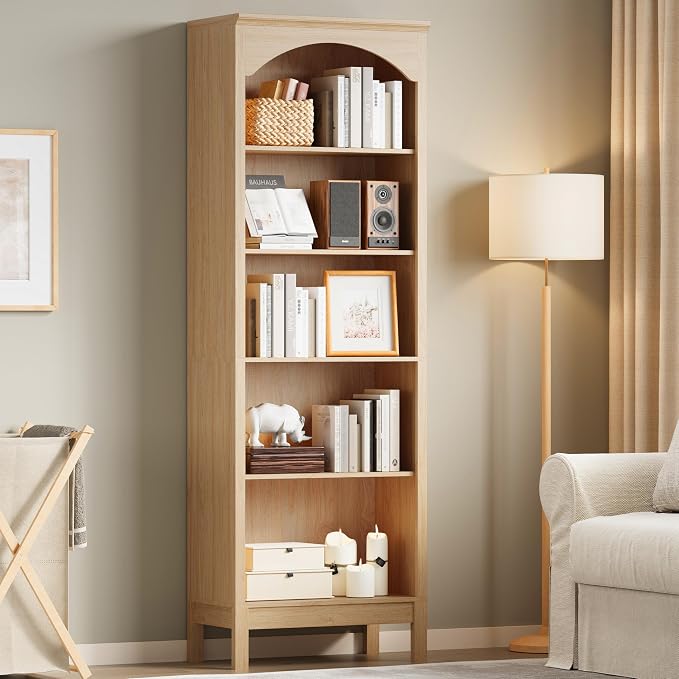 Arched Bookshelf with 5 Tier Open Shelves, Study and Living Room, Natural Oak - Image 7