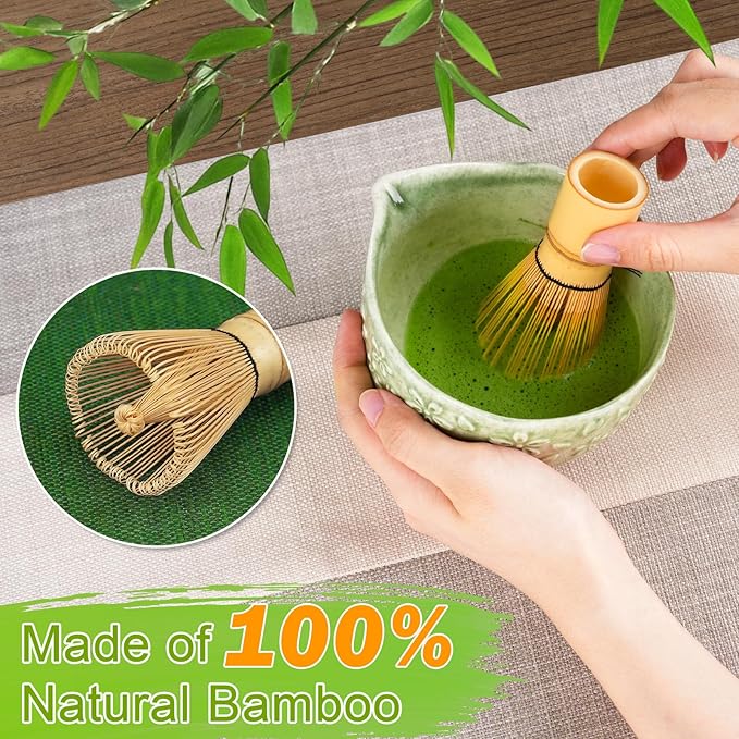 Matcha Whisk Set, Matcha Set 7 Pieces - Ceramic Matcha Bowl with Spout, Bamboo Chasen Whisk & Holder, Scoop, Sifter, Tea Towel - Complete Kit for Matcha Tea Ceremony, Latte, Ideal Gift(Mottled Green)