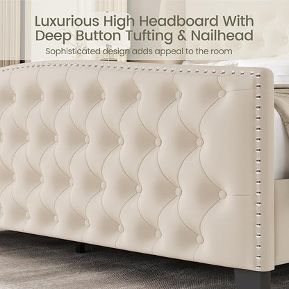 LARMACE King Size Bed Frame Velvet Upholstered Platform Bed - Image 4