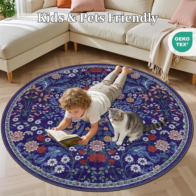 PLHXFR Round Area Rug Living Room: 4 ft Floral Washable Soft Carpet Blue | - Image 8