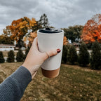 Mora Double Wall Ceramic Coffee Travel Mug with Lid, 14 oz, Portable, Microwave, Dishwasher Safe, Insulated Reusable Tall Cup, Splash Resistant Lid - To Go Tumbler for Car Cup Holder, Cotton White