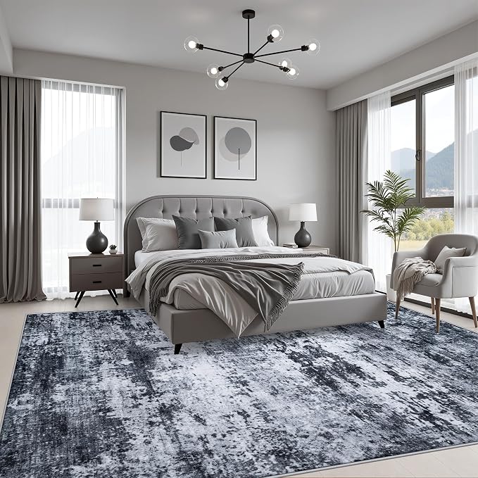10x12 Area Rug Living Room: Modern Washable Indoor Carpet Black | - Image 3