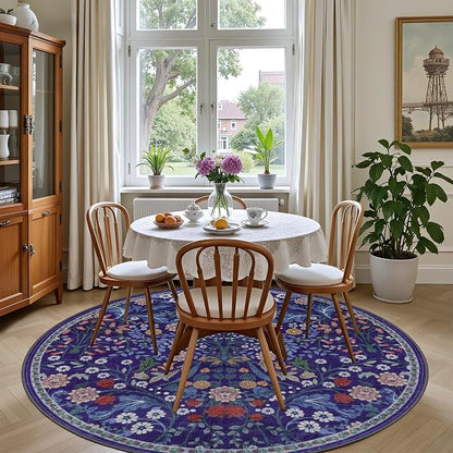 PLHXFR Round Area Rug Living Room: 6 ft Floral Washable Soft Carpet Blue | - Image 4