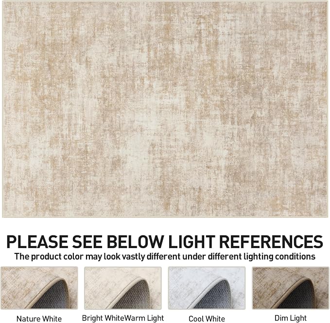 4x6 Area Rugs for Living Room: Washable Abstract Beige Badroom Carpet | - Image 7