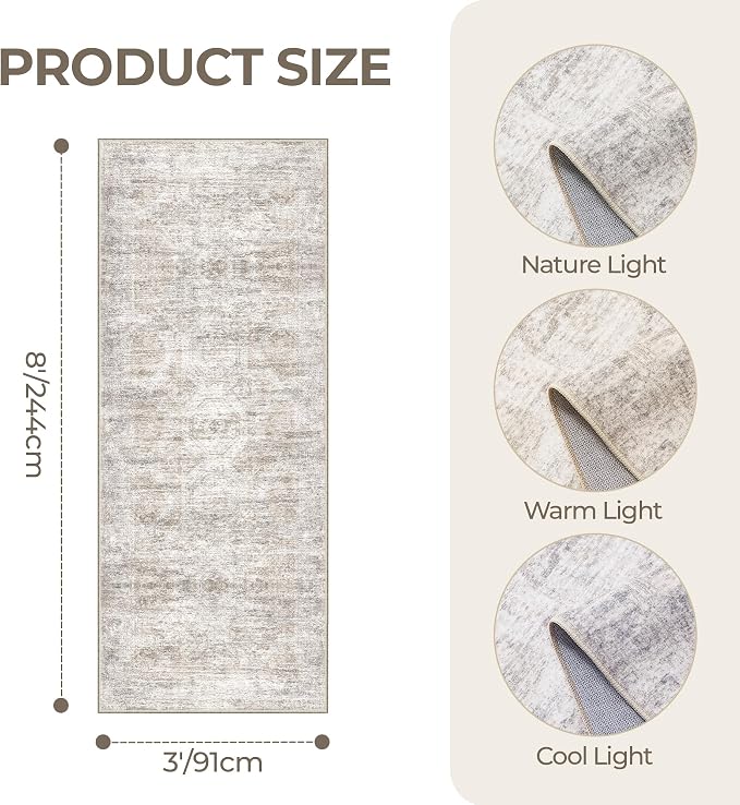 3x8 Runner Rug Non Slip, Washable Hallway Runner Rug, Taupe | Neutral Rugs - Image 2