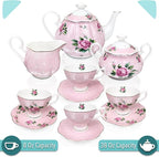 BTaT- Floral Tea Sets for Adults, 13 pcs, Service for 4, Pot (38 oz) & Cups (8 oz) with Saucers, Pastel Pink Floral Design with Gift Box, Porcelain Tea Set for Adult, Dishwasher Safe