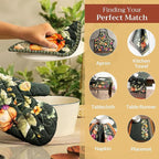 Maison d' Hermine 100% Cotton Oven Mitt & Pot Holder Set (7.5"x13" & 8"x8") Heat Resistant BBQ Cooking Gloves with Loop, Baking, Grilling, Kitchen, Handling Hot Pans (Pumpkin Garden - Dark Green)