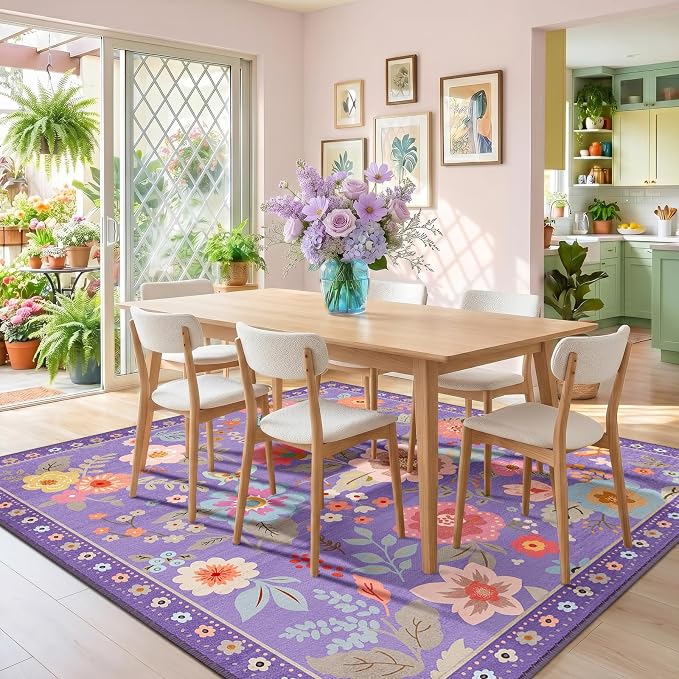 RELEANY Floral Washable Square 6ft Area Rug Purple/Pink | Flower Carpet Print - Image 2