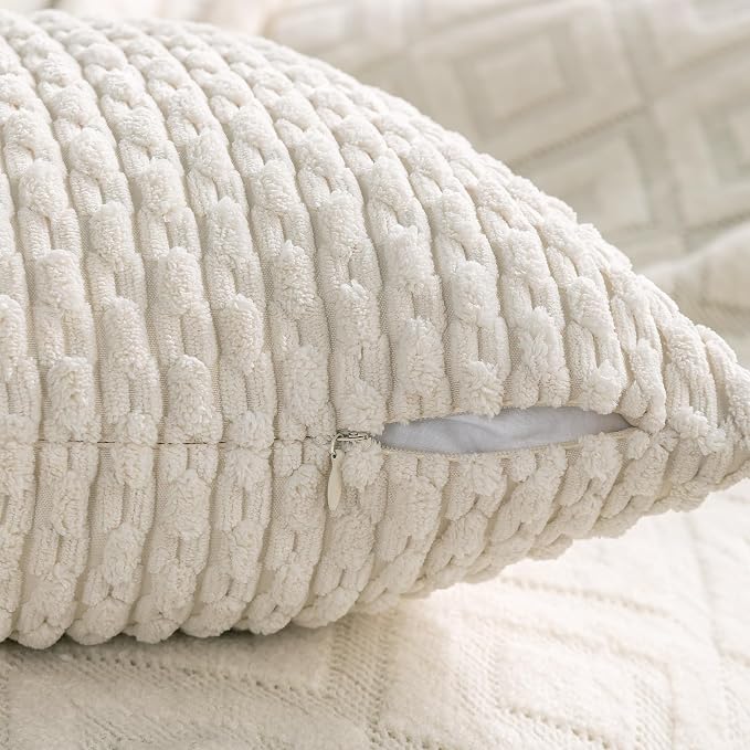 Set of 4 Cream White Decorative Throw Pillow Covers 18x18 Inch Corduroy Pillow - Image 6