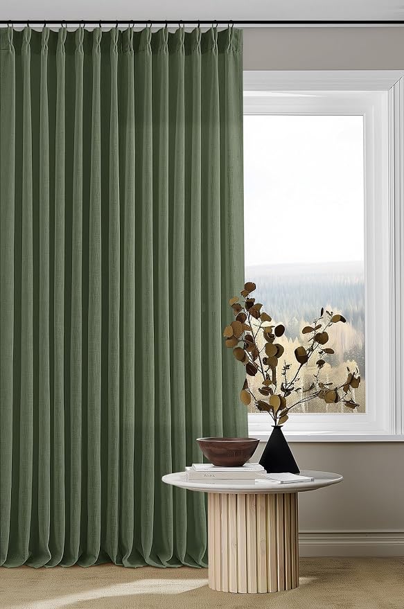 Pleated Semi Sheer Memory Shape Olive Green Linen Curtains 90 Inches Long | by Twodrapes