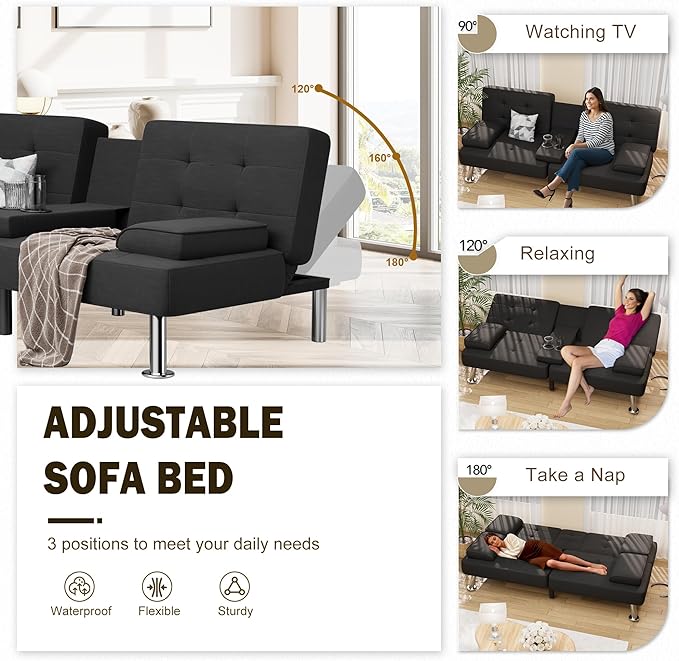Shahoo Modern Linen Upholstered Convertible Folding Futon Sofa Bed - Image 4