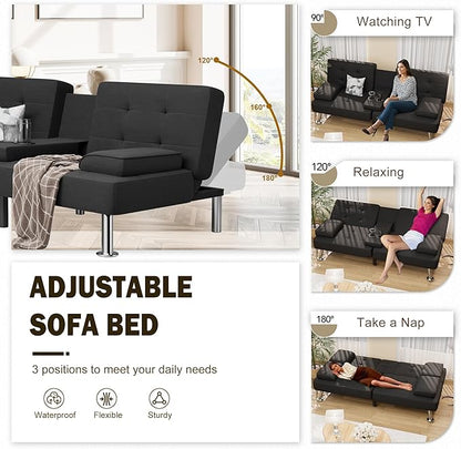 Shahoo Modern Linen Upholstered Convertible Folding Futon Sofa Bed - Image 4