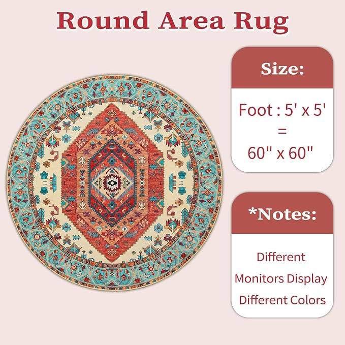 SERISSA 5ft Washable Non Slip Round Boho Area Rug - Image 6