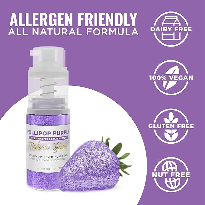 Bakell - Pollipop Purple Tinker Dust (4g, 1x Mini Spray Pump) Edible Glitter for Food, Desserts, and Beverages!