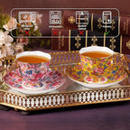 KAMMAK Tea Cups and Saucers Set of 2, Porcelain Coffee Cups with Saucer for Espresso, Cappuccino, 6.3oz Vintage Pink and Yellow Ceramic Demitasse Mug for Home, Tea Party, Office