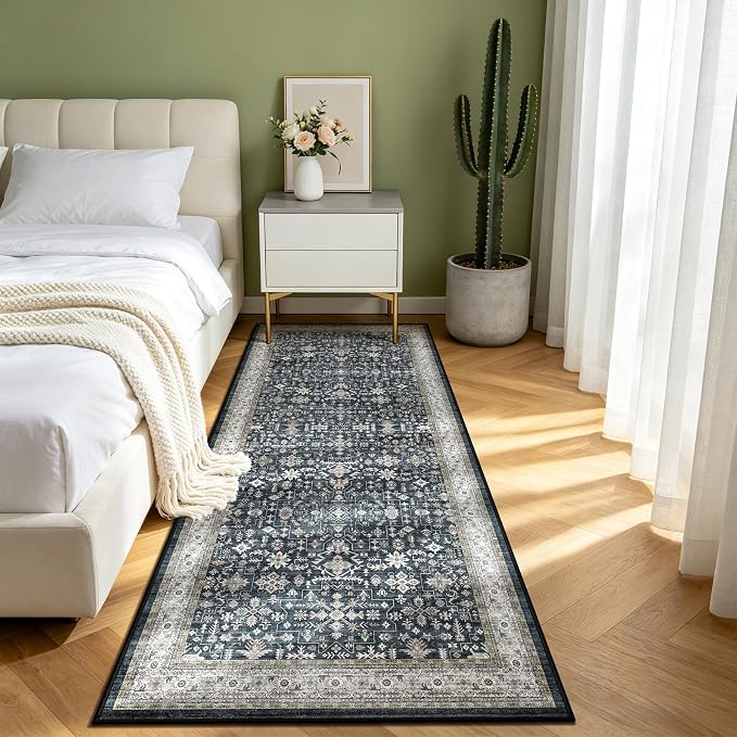 Floral Hallway Runner Rug 3x7 for Bedroom Kitchen | Rubber Backing; Non Slip; - Image 3